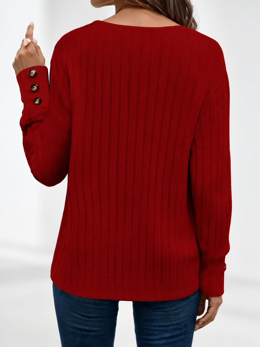 Burgundy ribbed V-neck jumper with button cuffs, studio image 3