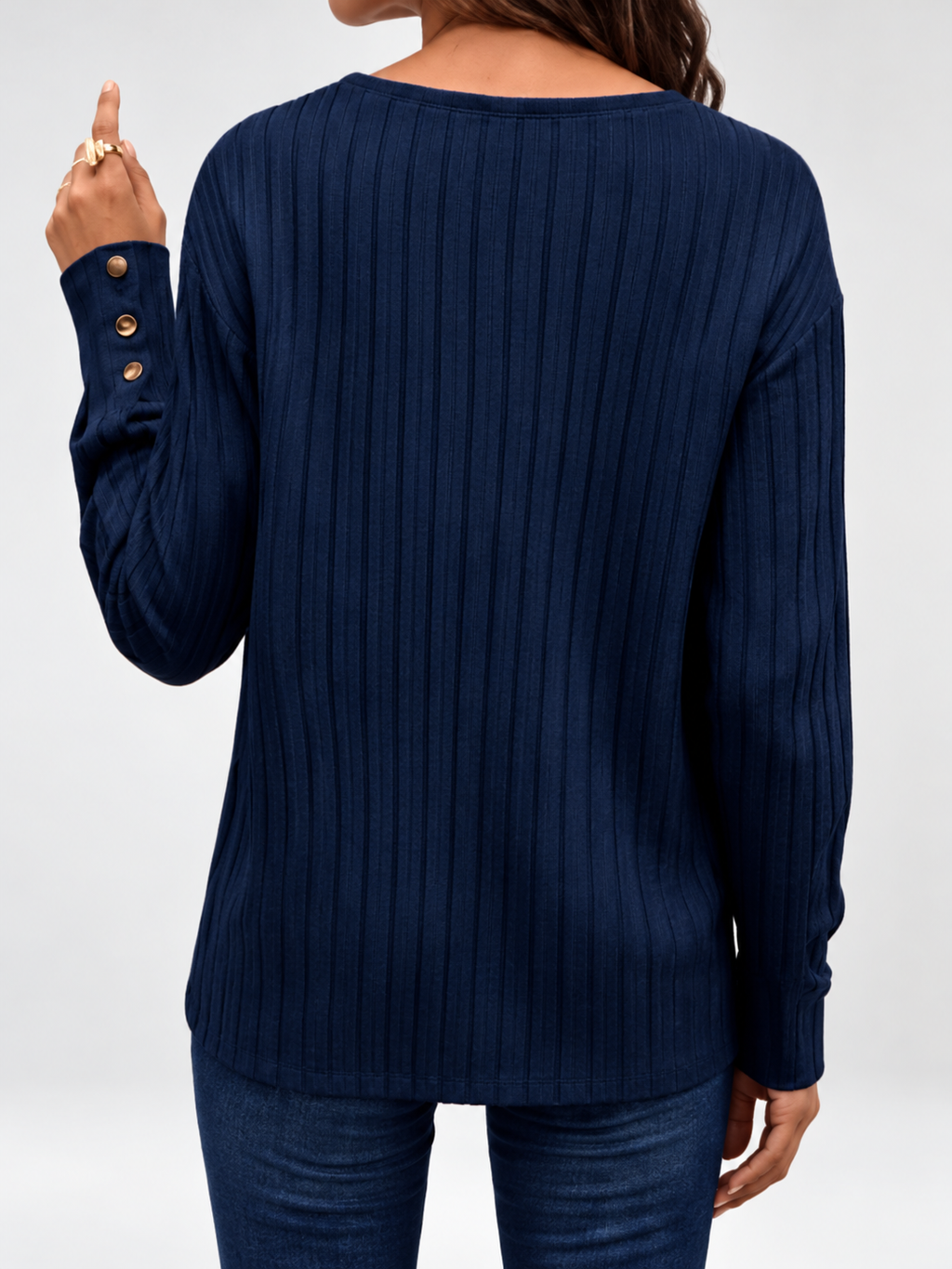 Navy Blue ribbed V-neck jumper with button cuffs, studio image 2