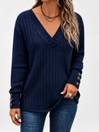Navy Blue ribbed V-neck jumper with button cuffs, studio image 4