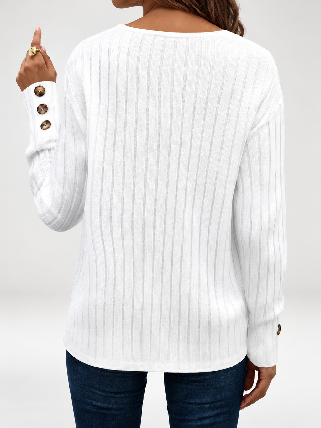 White ribbed V-neck jumper with button cuffs, studio image 2