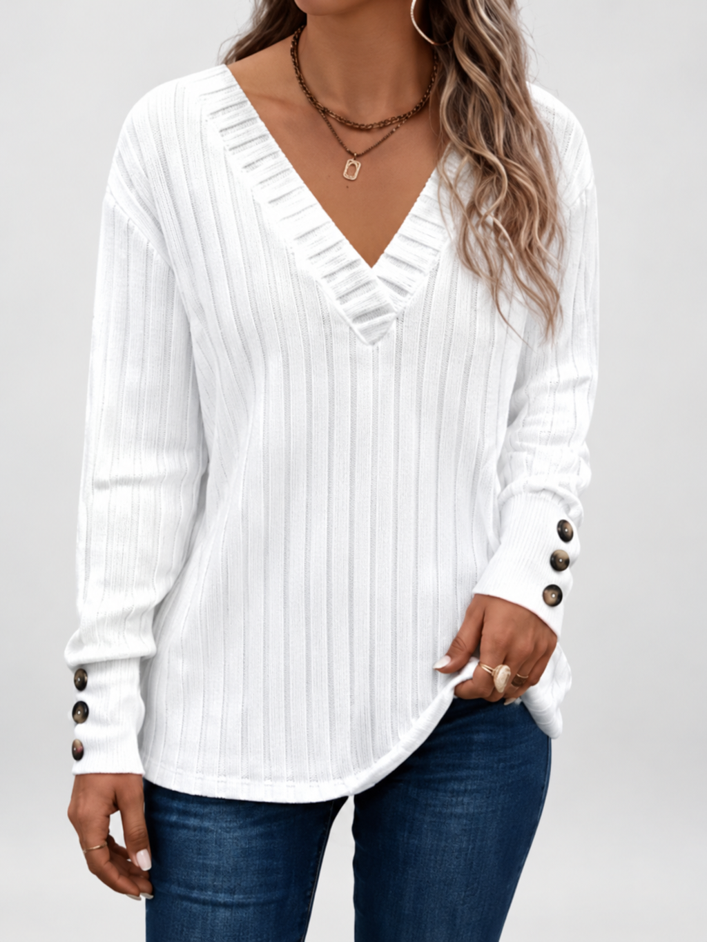 White ribbed V-neck jumper with button cuffs, studio image 3