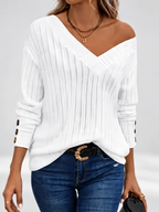 White ribbed V-neck jumper with button cuffs, studio image 4