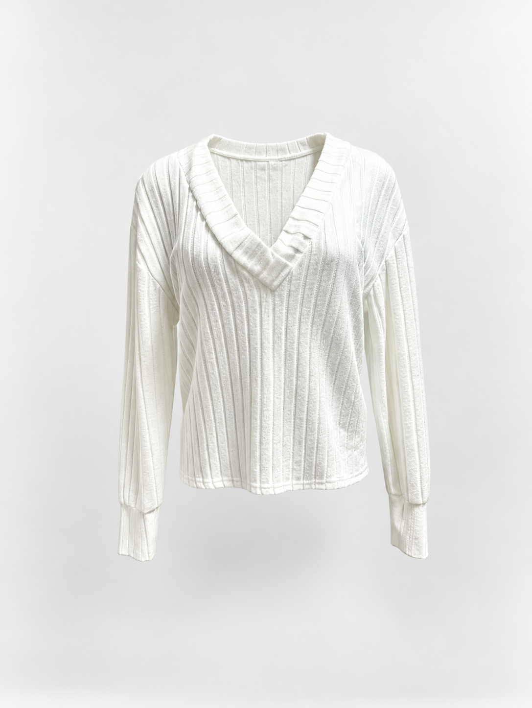 White ribbed V-neck jumper with button cuffs, studio image 5