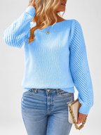 Women's round neck knitted jumper in Blue, detail view with open knit sleeves