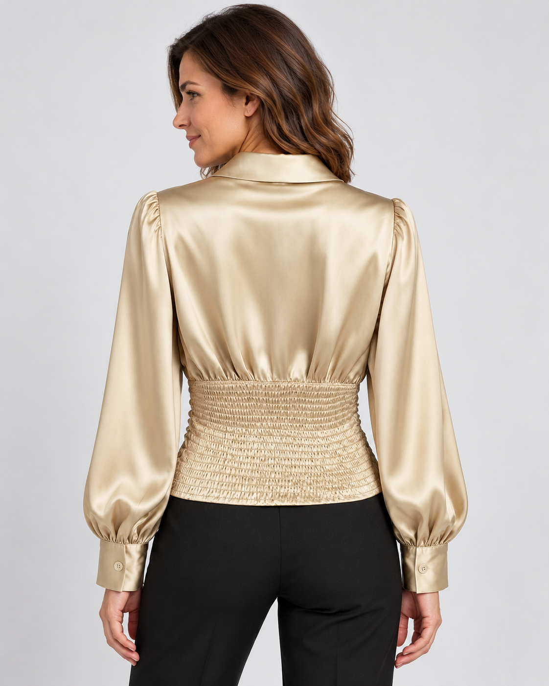 Women's ruched waist blouse — gold 03 back