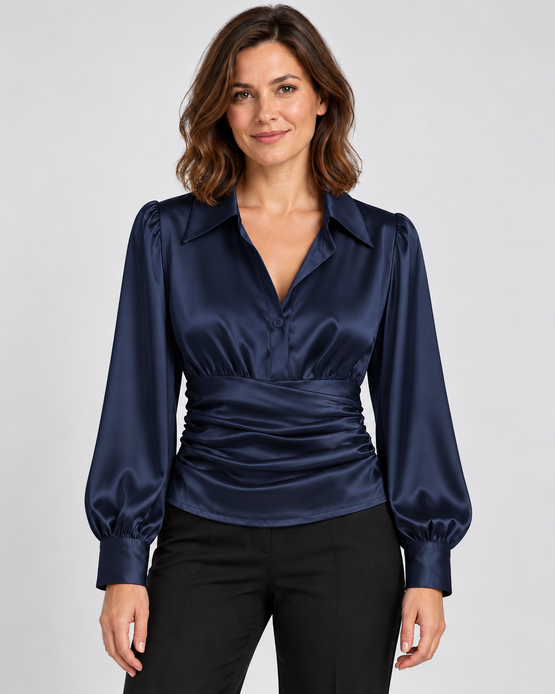 Women's ruched waist blouse — navy 01 front