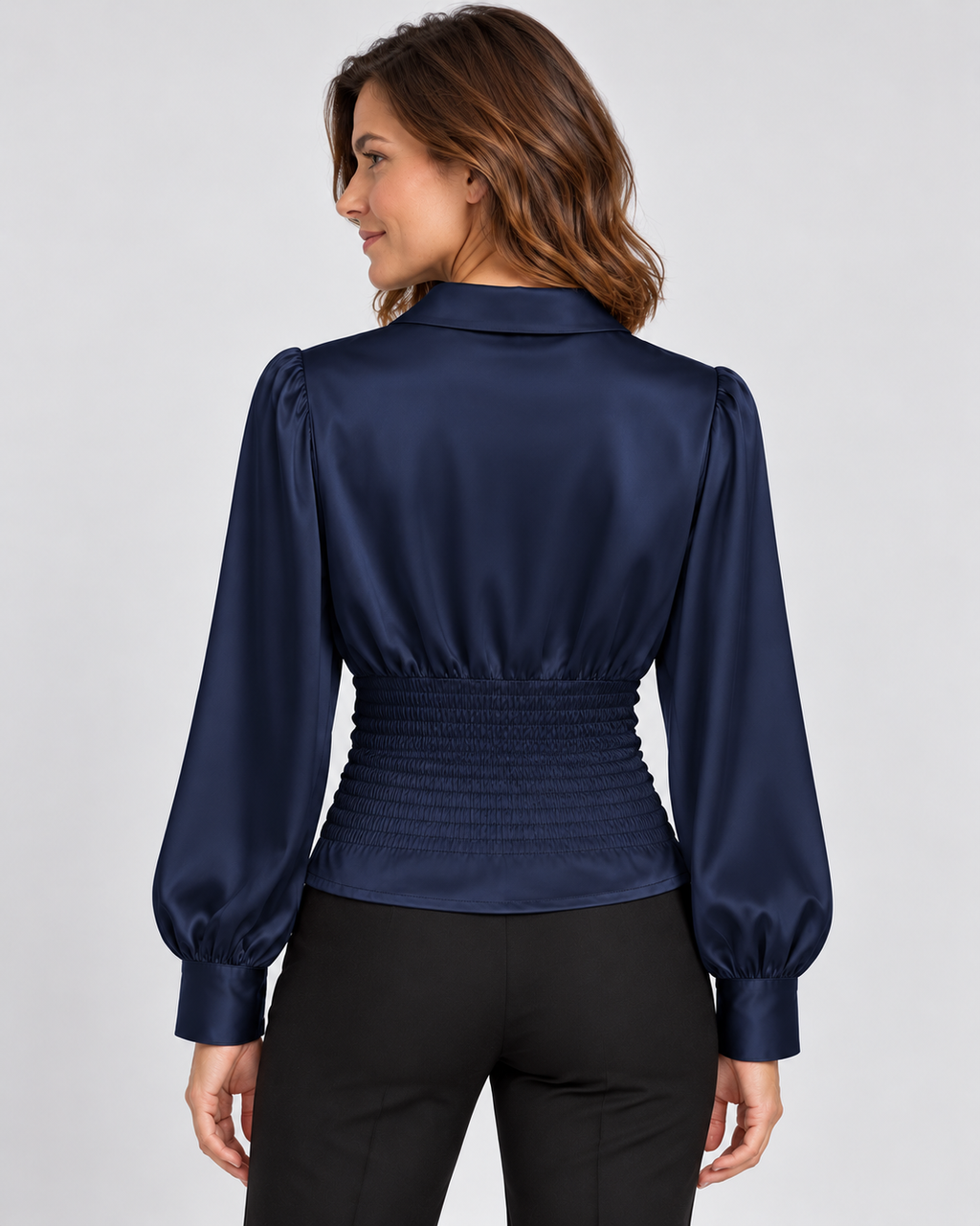 Women's ruched waist blouse — navy 03 back
