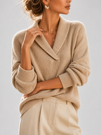 Women's Shawl Collar V Neck Jumper with Dropped Shoulders in Khaki – Front View