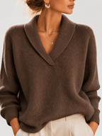 Women's Shawl Collar V Neck Jumper with Dropped Shoulders in Coffee – Front View