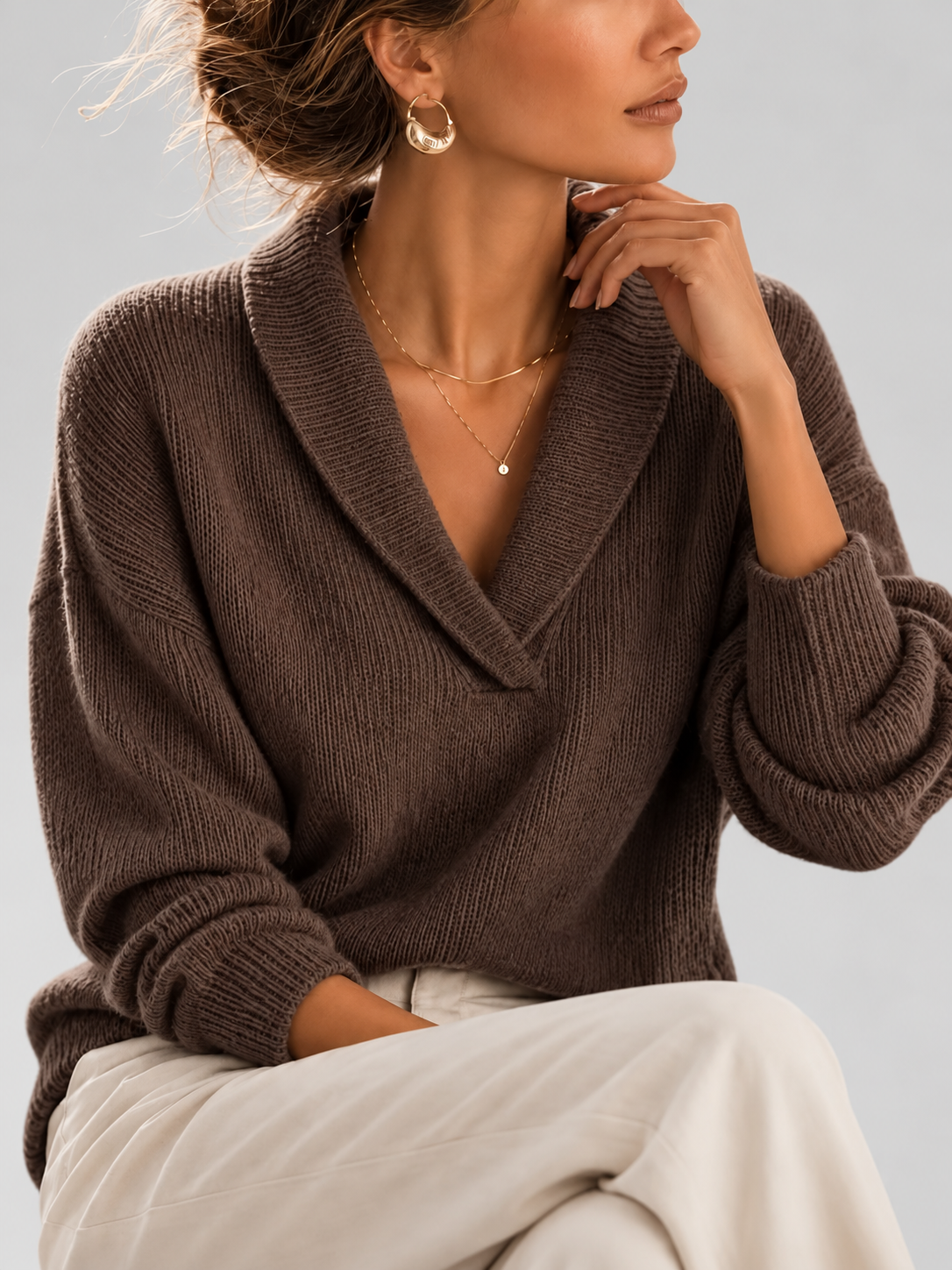 Women's Shawl Collar V Neck Jumper with Dropped Shoulders in Coffee – Front View