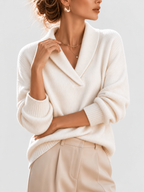 Women's Shawl Collar V Neck Jumper with Dropped Shoulders in White – Front View