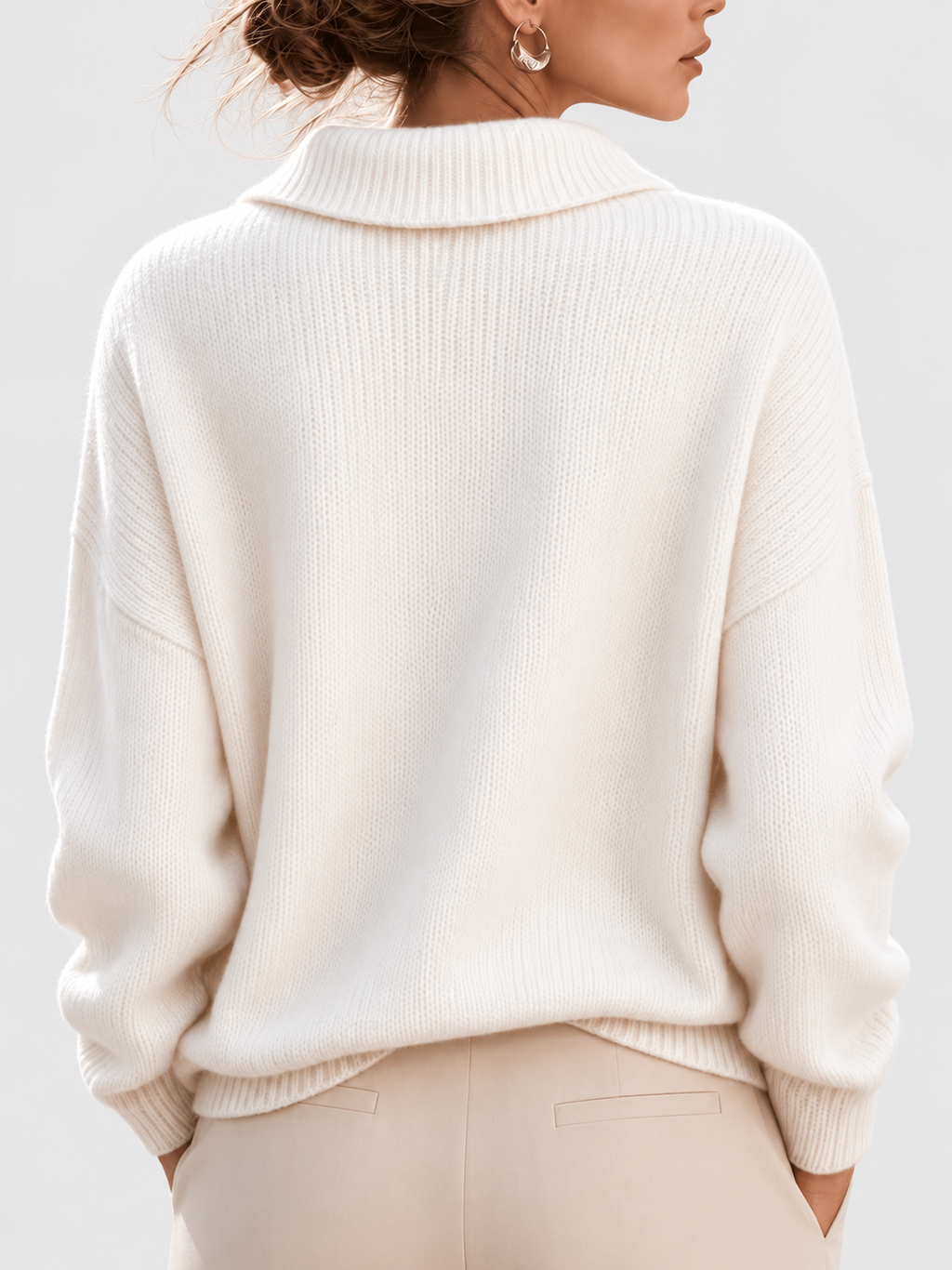 Women's Shawl Collar V Neck Jumper with Dropped Shoulders in White – Back View