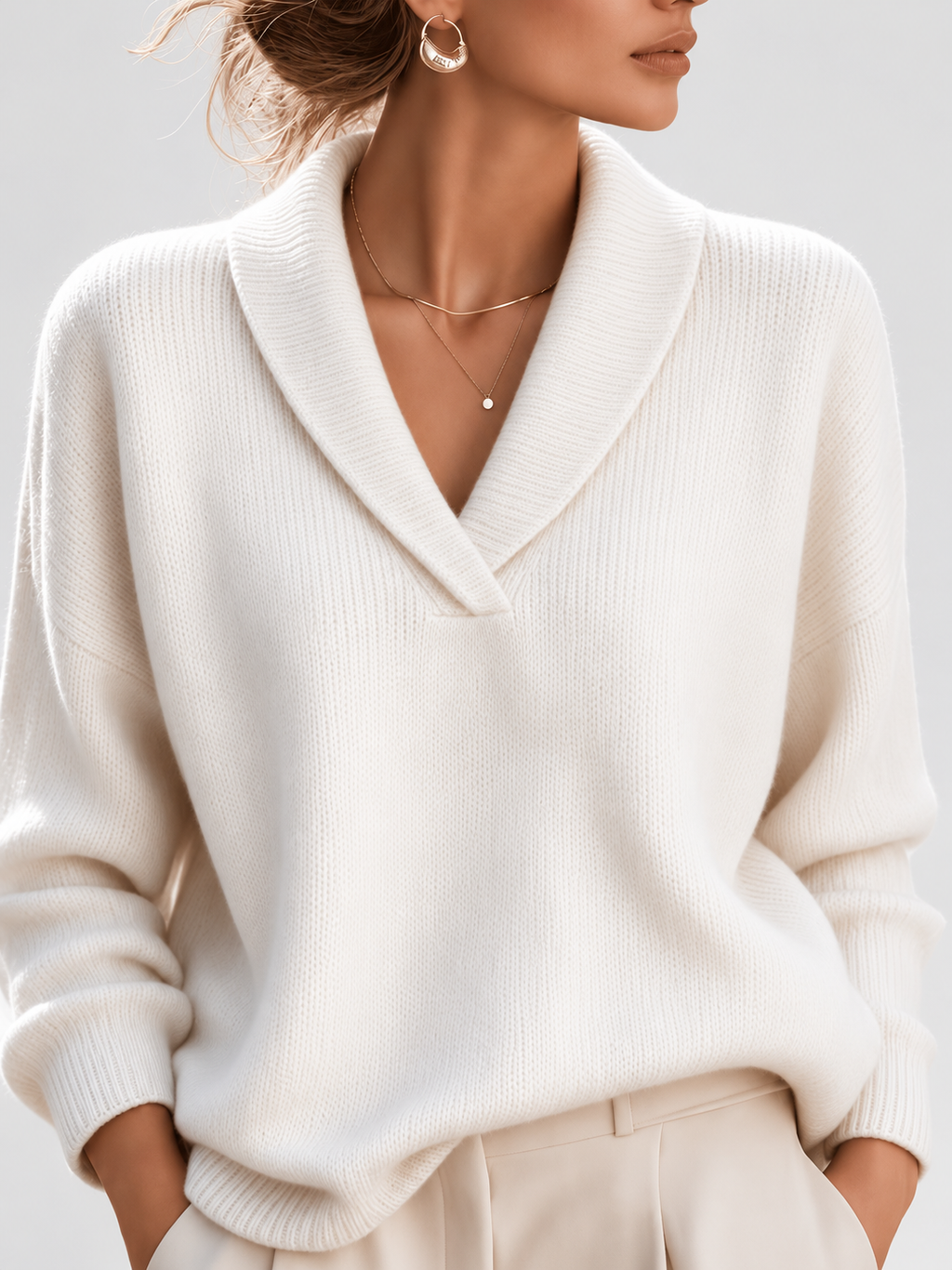 Women's Shawl Collar V Neck Jumper with Dropped Shoulders in White – Front View