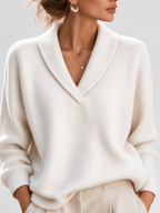 Women's Shawl Collar V Neck Jumper with Dropped Shoulders in White – Front View