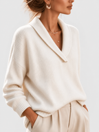 Women's Shawl Collar V Neck Jumper with Dropped Shoulders in White – Front View