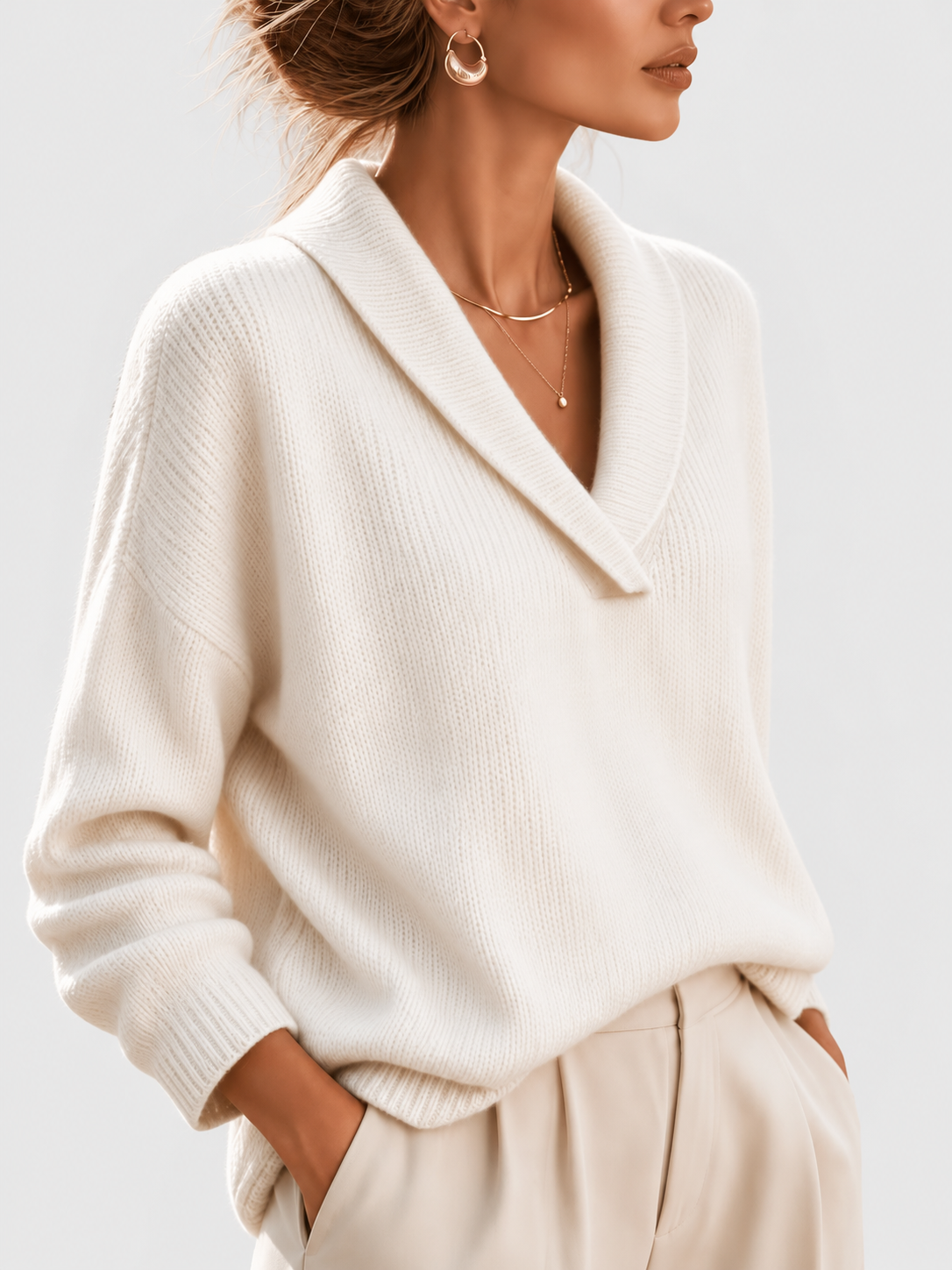 Women's Shawl Collar V Neck Jumper with Dropped Shoulders in White – Front View