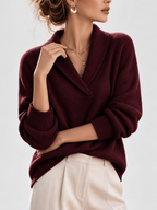 Women's Shawl Collar V Neck Jumper with Dropped Shoulders in Burgundy – Front View