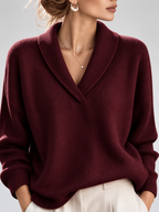 Women's Shawl Collar V Neck Jumper with Dropped Shoulders in Burgundy – Front View
