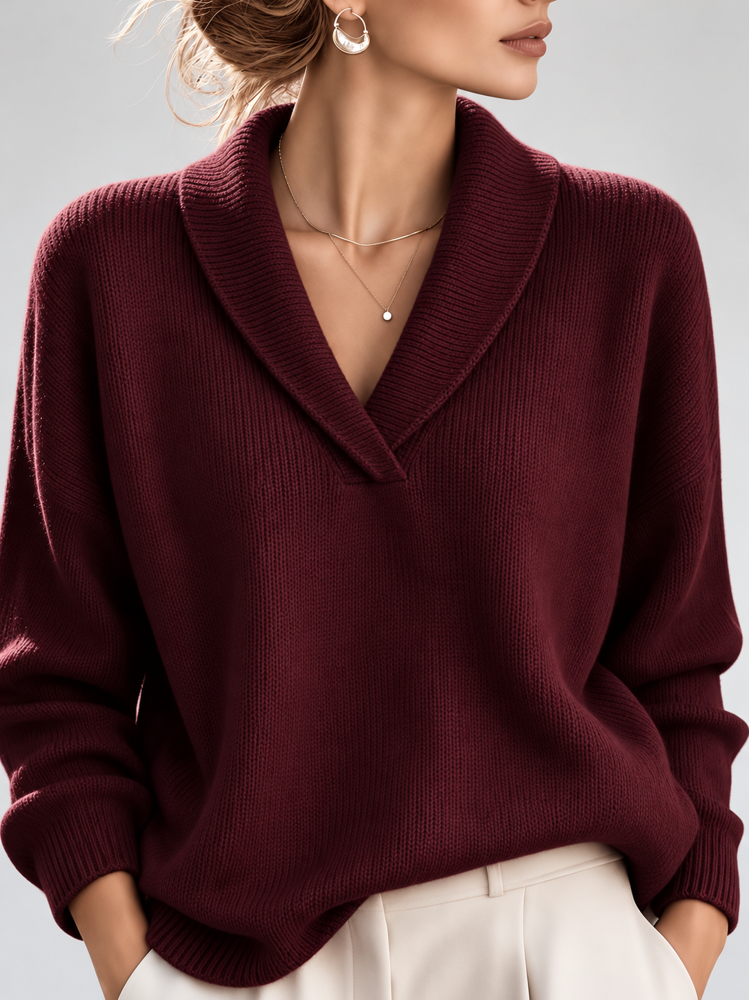 Women's Shawl Collar V Neck Jumper with Dropped Shoulders in Burgundy – Front View