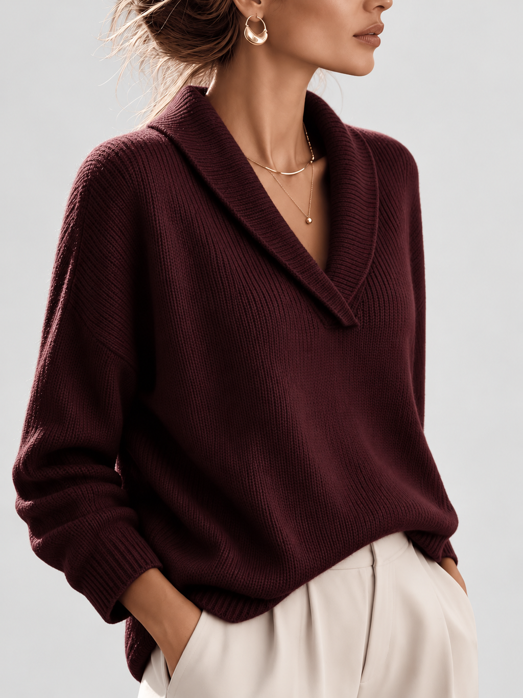 Women's Shawl Collar V Neck Jumper with Dropped Shoulders in Burgundy – Front View