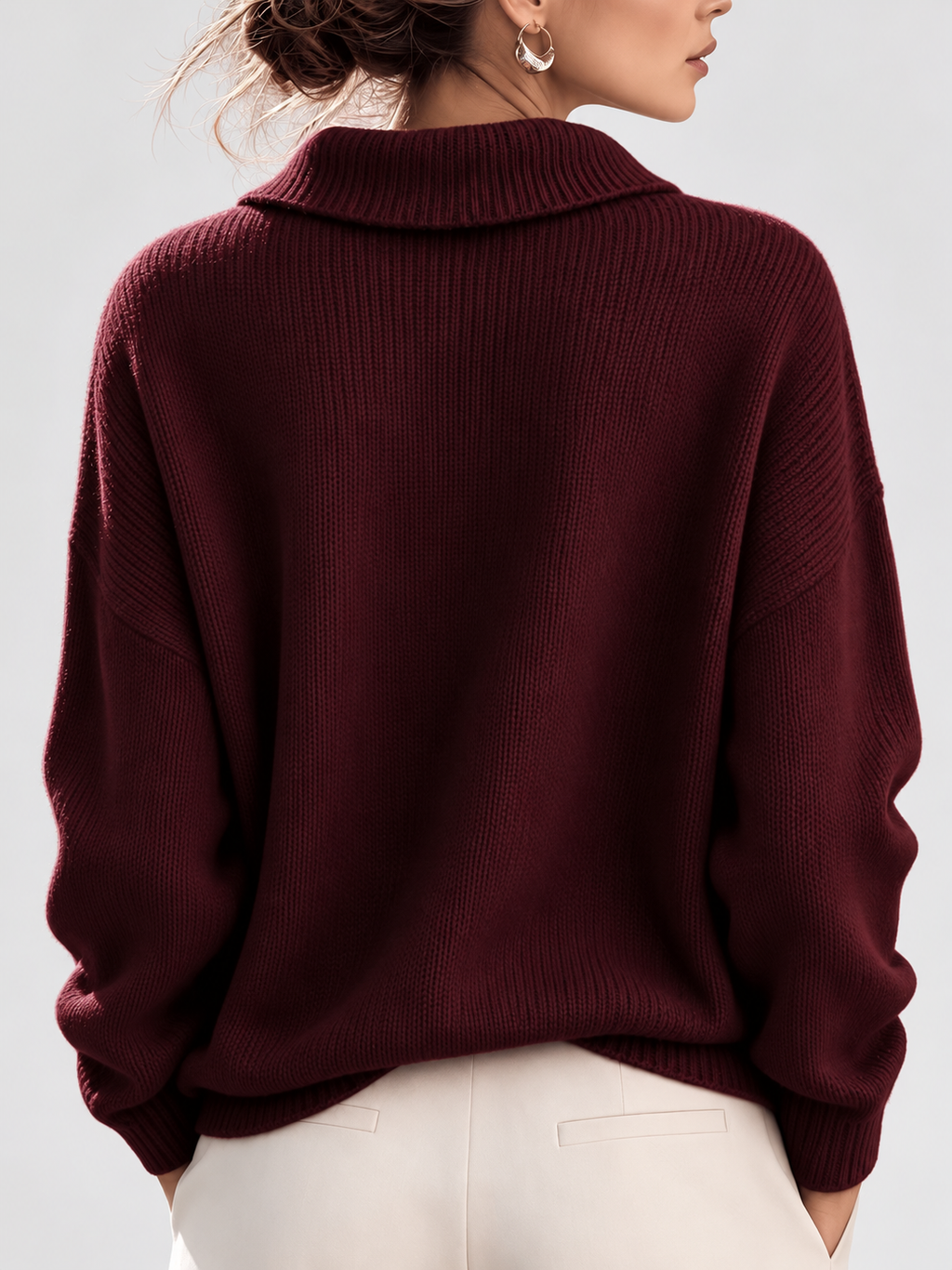 Women's Shawl Collar V Neck Jumper with Dropped Shoulders in Burgundy – Back View