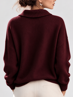 Women's Shawl Collar V Neck Jumper with Dropped Shoulders in Burgundy – Back View