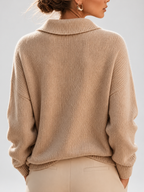 Women's Shawl Collar V Neck Jumper with Dropped Shoulders in Khaki – Back View