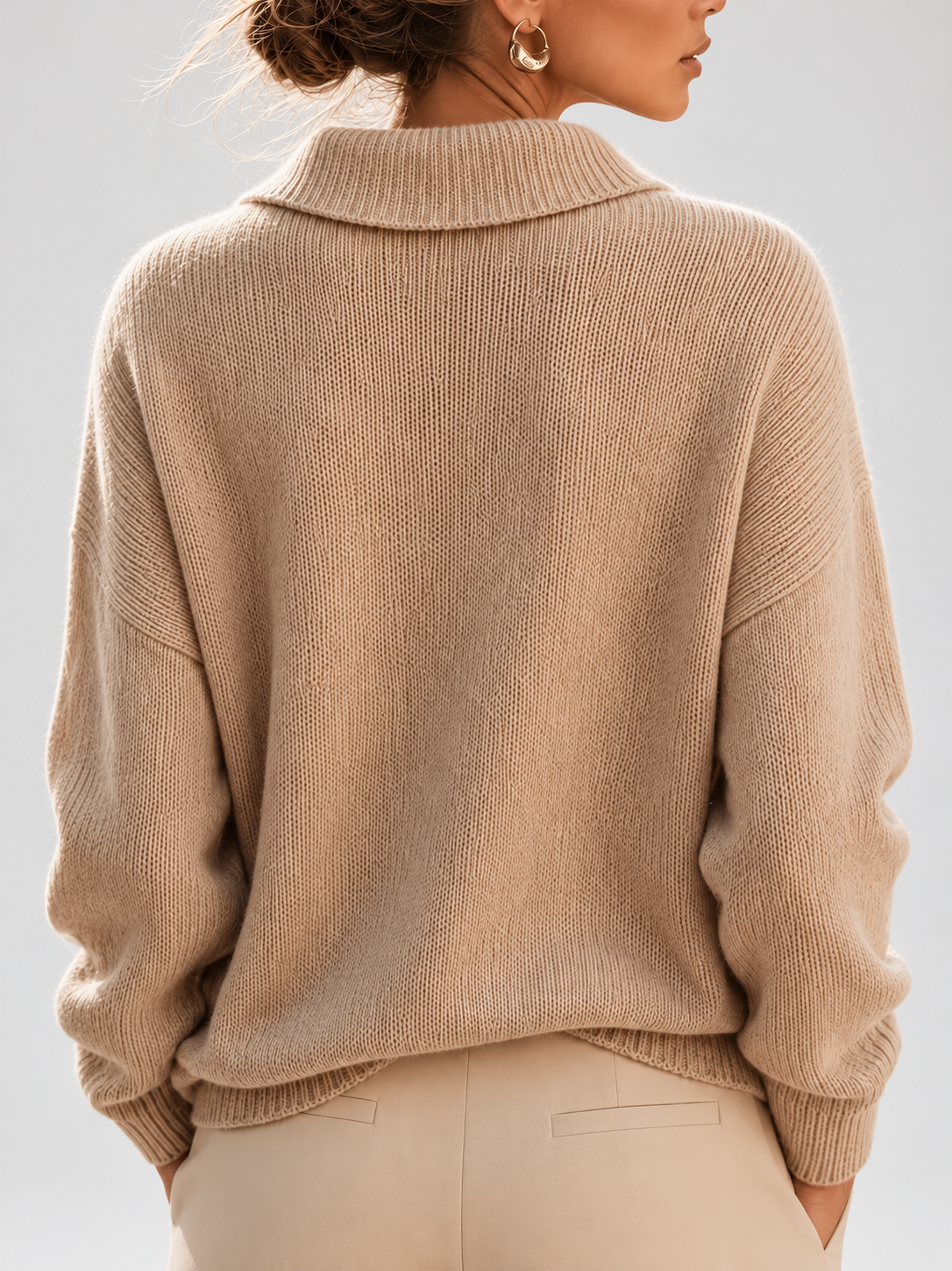 Women's Shawl Collar V Neck Jumper with Dropped Shoulders in Khaki – Back View