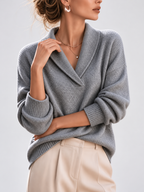 Women's Shawl Collar V Neck Jumper with Dropped Shoulders in Grey – Front View