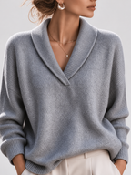 Women's Shawl Collar V Neck Jumper with Dropped Shoulders in Grey – Front View
