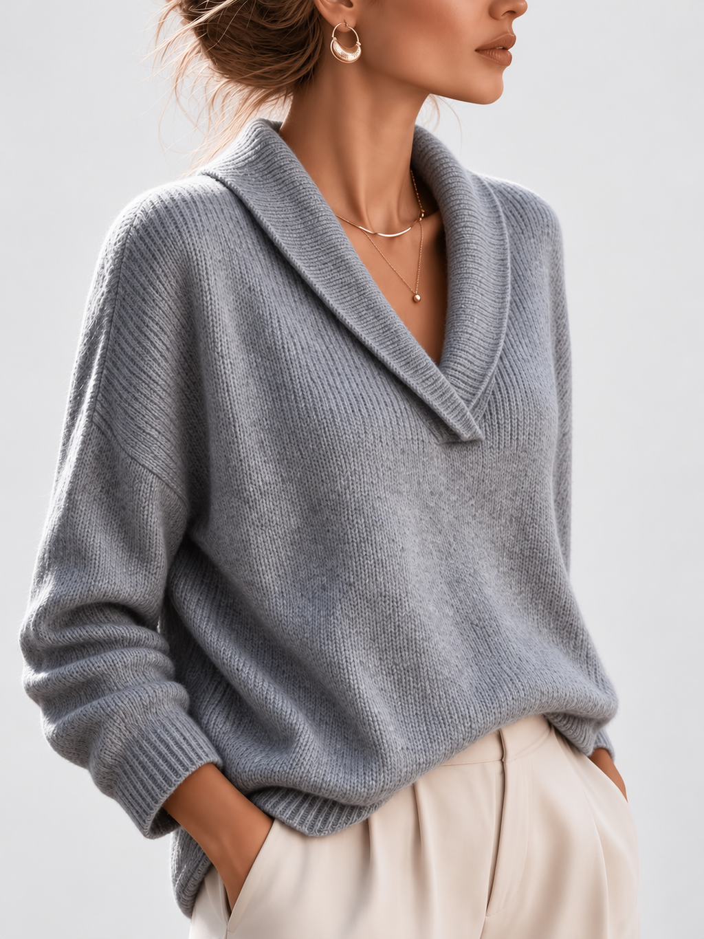 Women's Shawl Collar V Neck Jumper with Dropped Shoulders in Grey – Front View