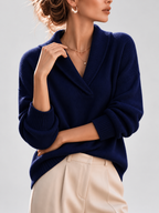 Women's Shawl Collar V Neck Jumper with Dropped Shoulders in Navy – Front View