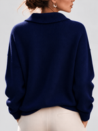 Women's Shawl Collar V Neck Jumper with Dropped Shoulders in Navy – Back View