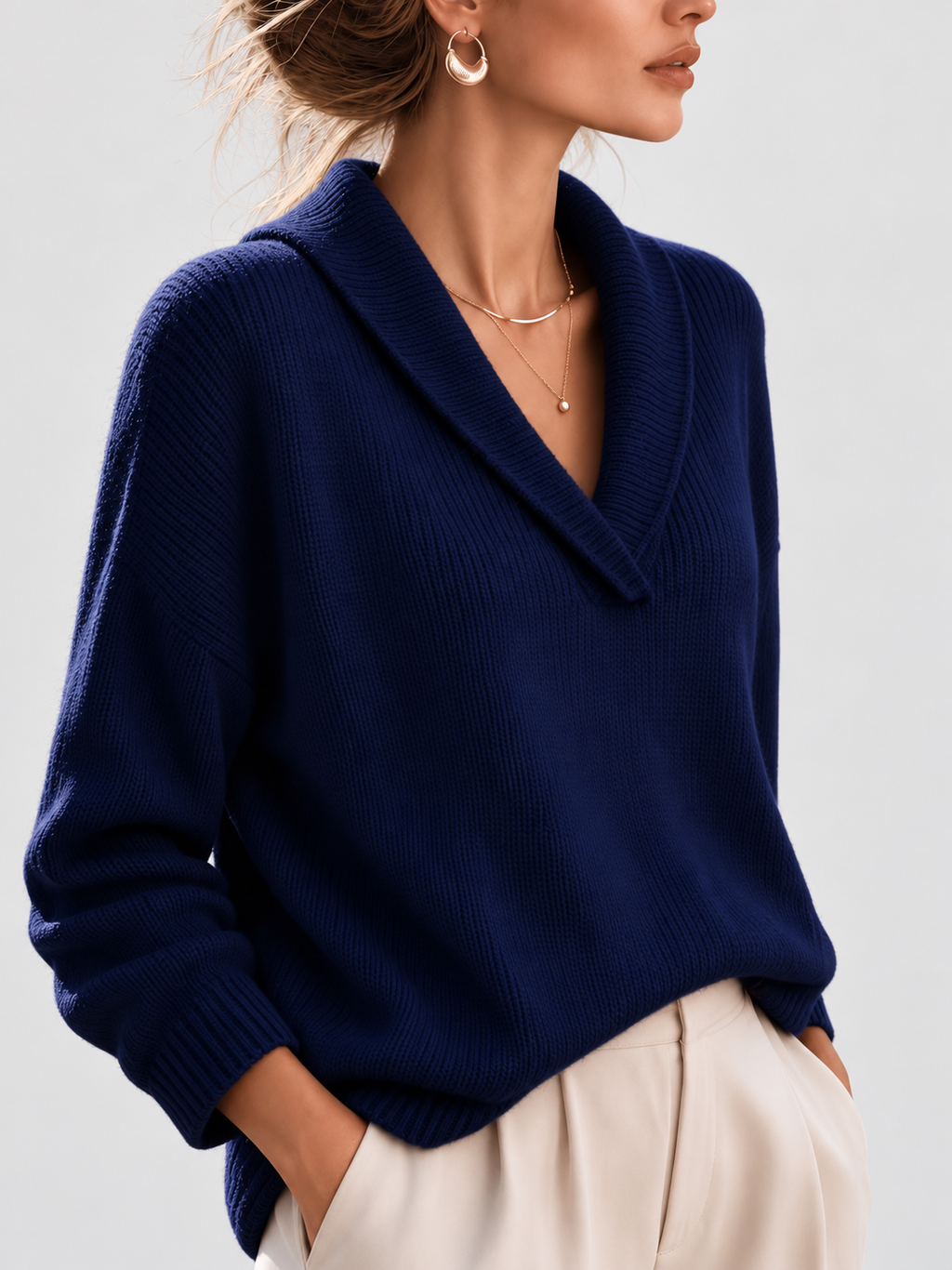 Women's Shawl Collar V Neck Jumper with Dropped Shoulders in Navy – Front View
