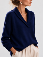 Women's Shawl Collar V Neck Jumper with Dropped Shoulders in Navy – Front View