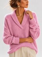 Women's Shawl Collar V Neck Jumper with Dropped Shoulders in Pink – Front View