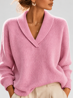 Women's Shawl Collar V Neck Jumper with Dropped Shoulders in Pink – Front View