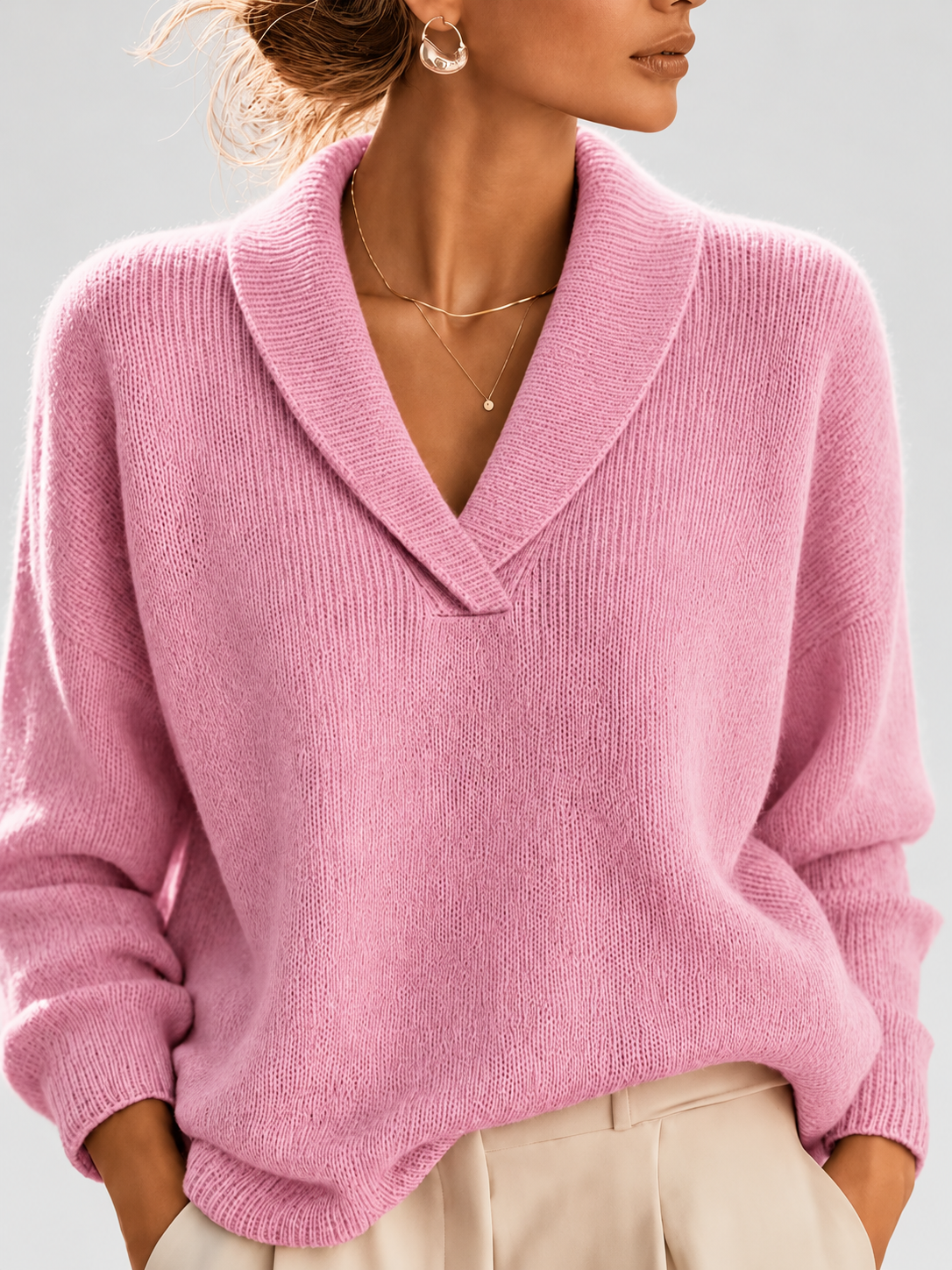 Women's Shawl Collar V Neck Jumper with Dropped Shoulders in Pink – Front View