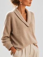 Women's Shawl Collar V Neck Jumper with Dropped Shoulders in Khaki – Front View