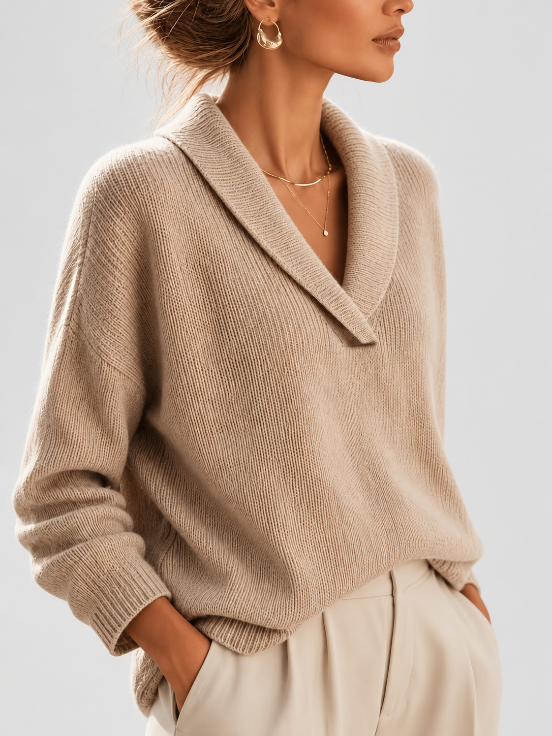 Women's Shawl Collar V Neck Jumper with Dropped Shoulders in Khaki – Front View