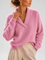 Women's Shawl Collar V Neck Jumper with Dropped Shoulders in Pink – Front View