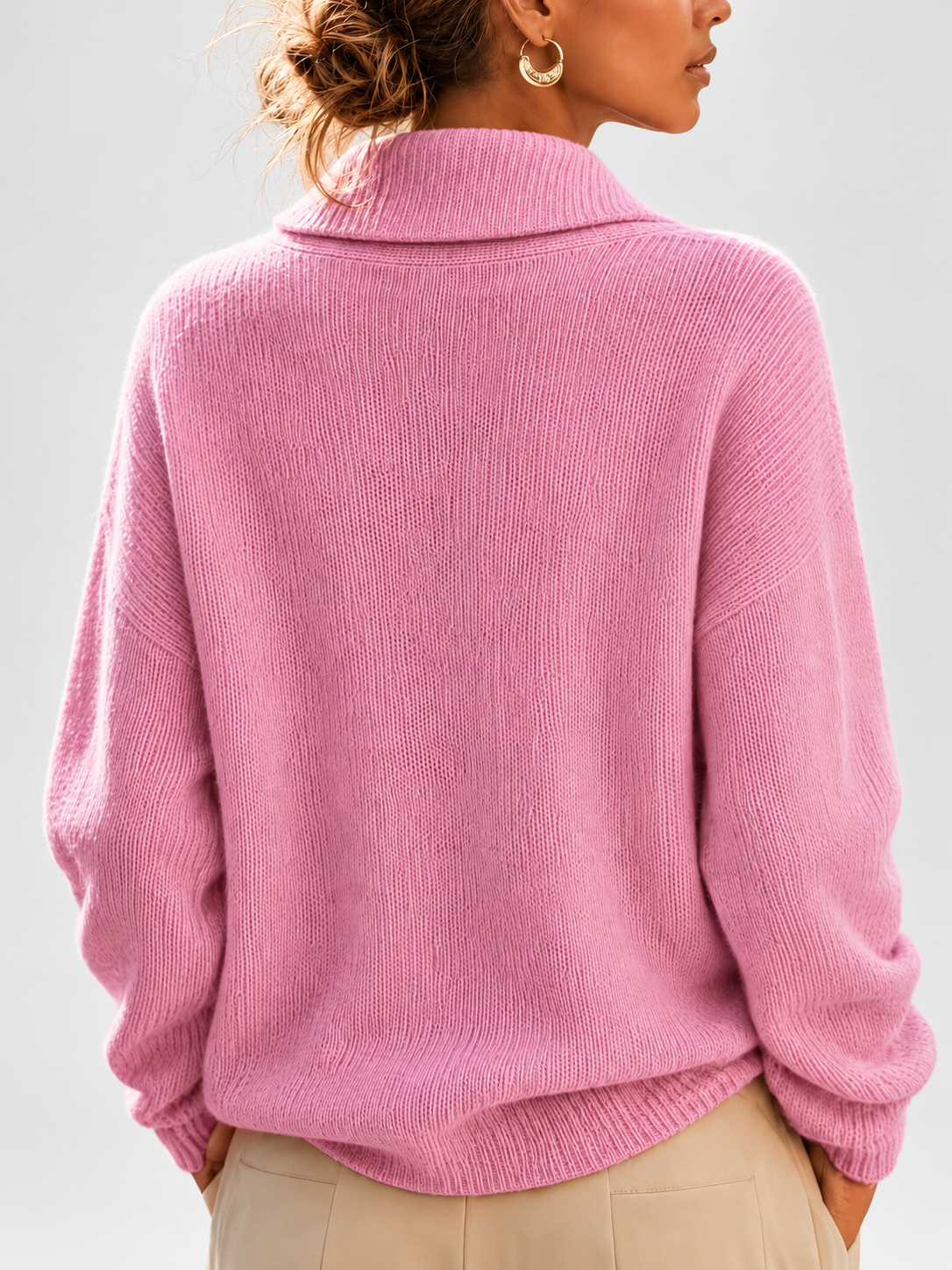 Women's Shawl Collar V Neck Jumper with Dropped Shoulders in Pink – Back View