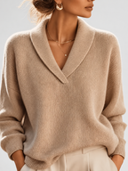 Women's Shawl Collar V Neck Jumper with Dropped Shoulders in Khaki – Front View