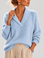 Women's Shawl Collar V Neck Jumper with Dropped Shoulders in Sky Blue – Front View
