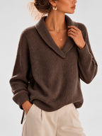 Women's Shawl Collar V Neck Jumper with Dropped Shoulders in Coffee – Front View