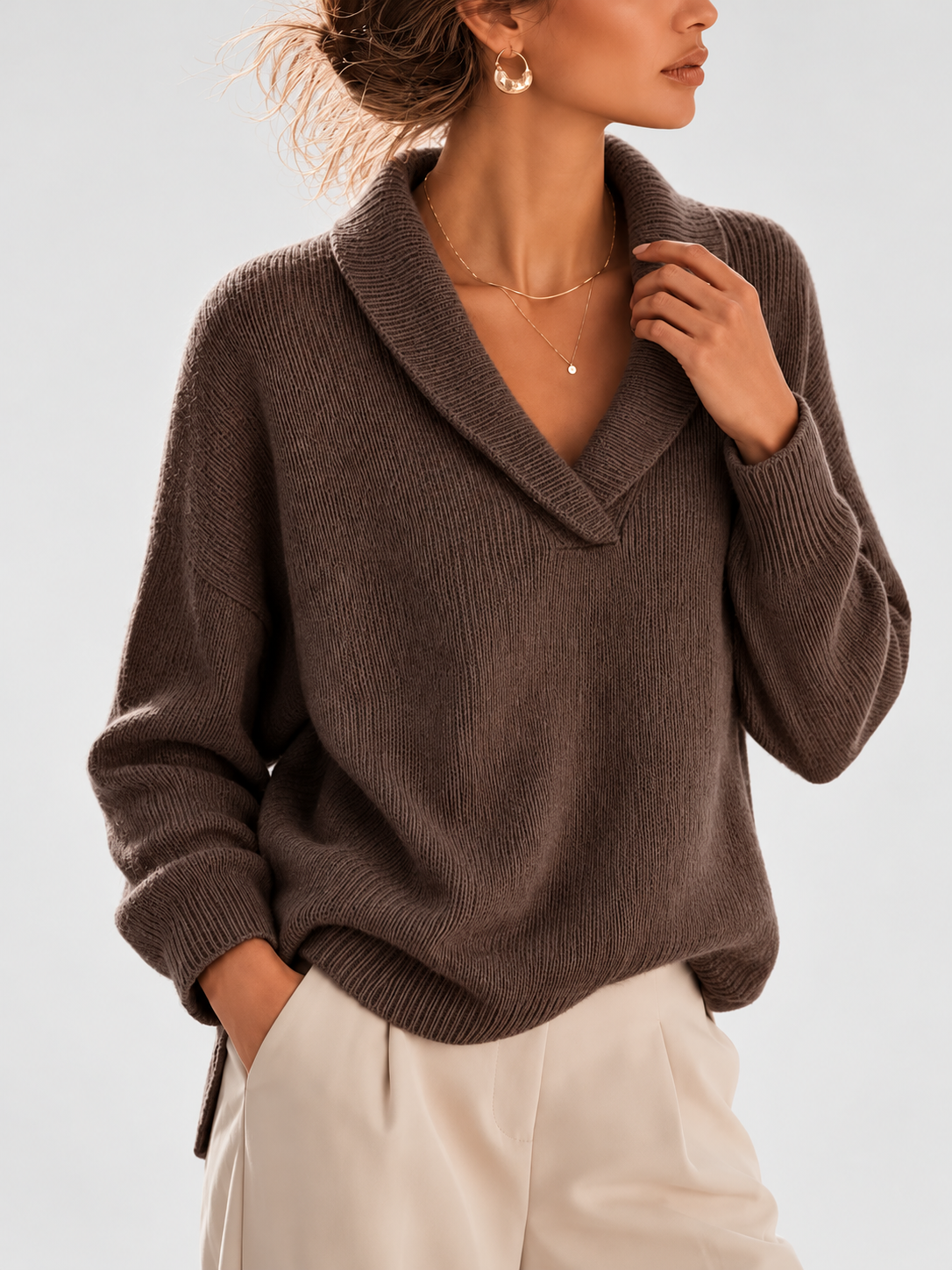 Women's Shawl Collar V Neck Jumper with Dropped Shoulders in Coffee – Front View
