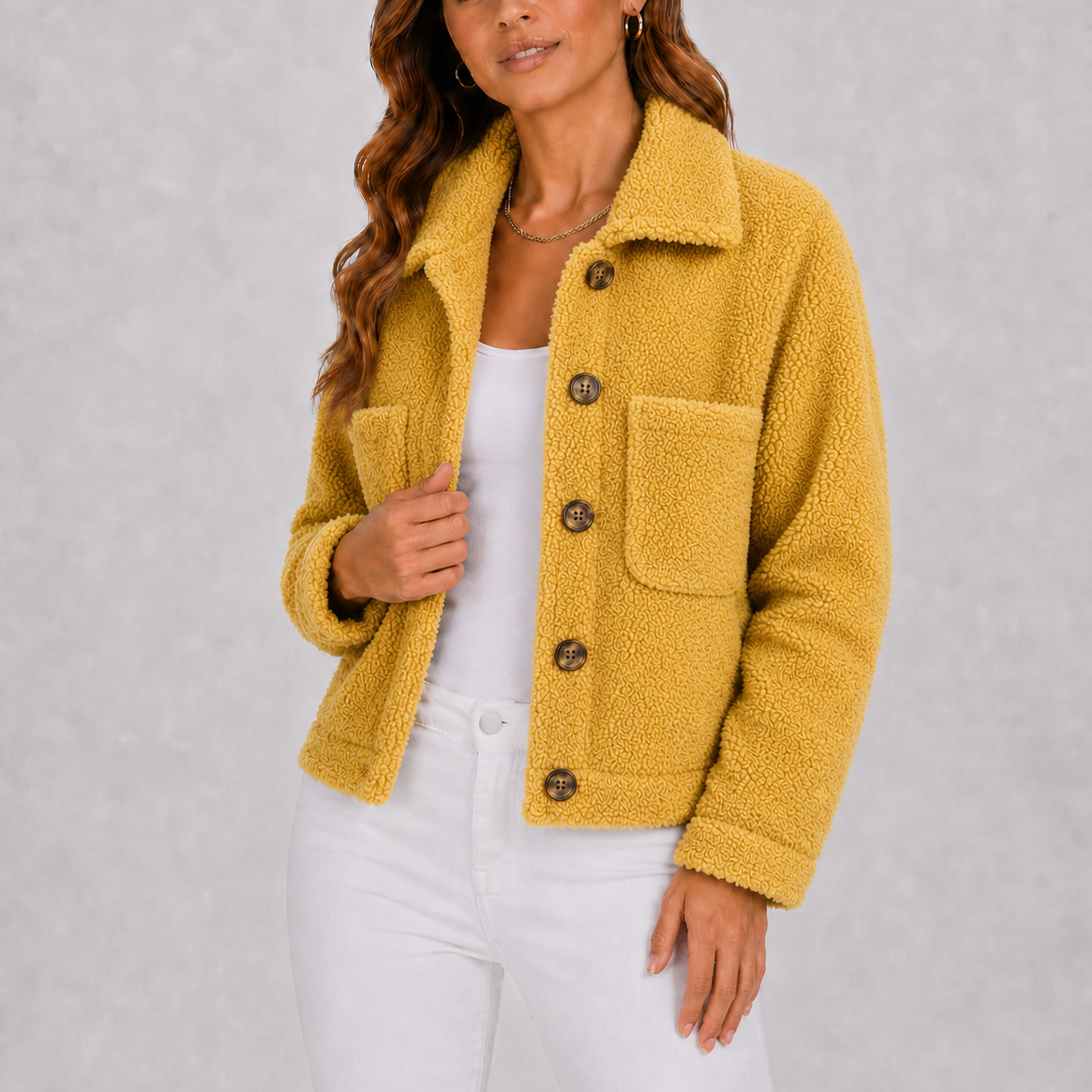 Women's Sherpa Fleece Jacket with Button Front and Collar