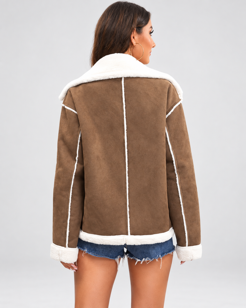 Women's Sherpa Lined Aviator Jacket with Buckle Straps and Lapel Collar