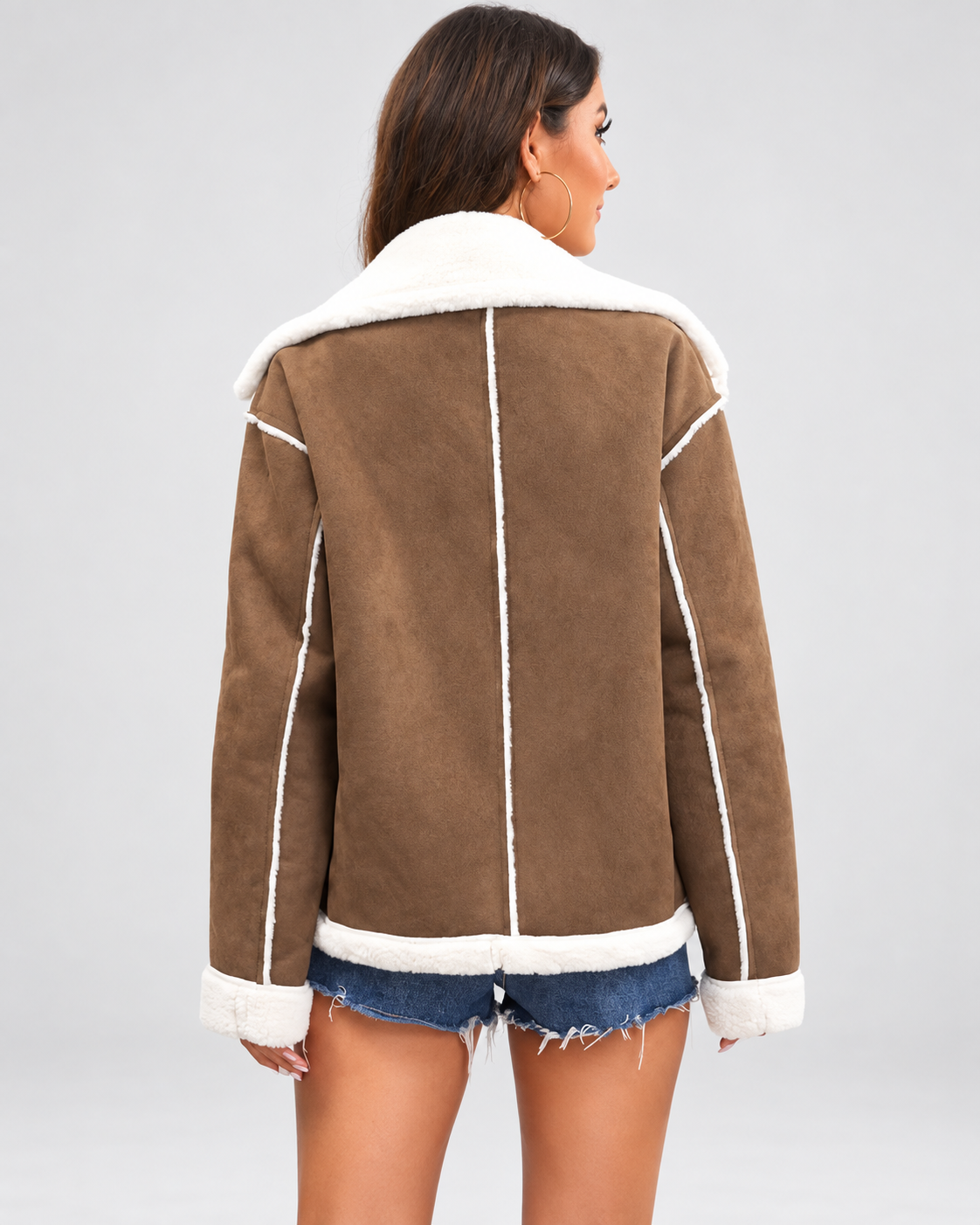 Women's Sherpa Lined Aviator Jacket with Buckle Straps and Lapel Collar