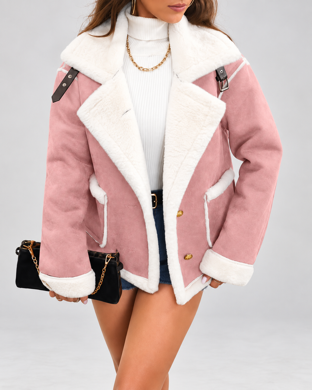 Women's Sherpa Lined Aviator Jacket with Buckle Straps and Lapel Collar